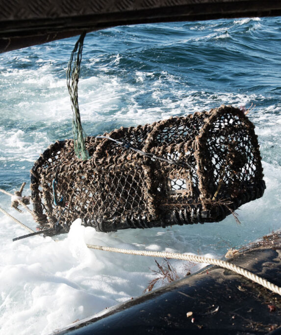 A pot being shot from a fishing vessel