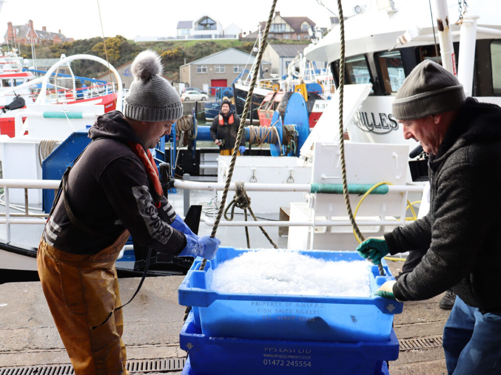 Two fishermen landing a fish box from a Scottish trawler