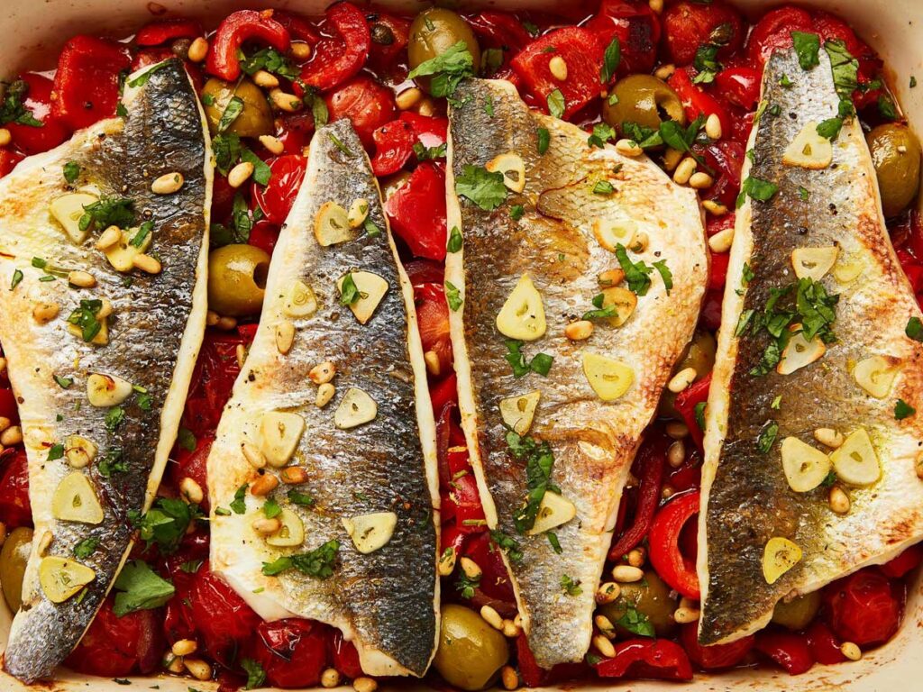 Baked sea bass fillets