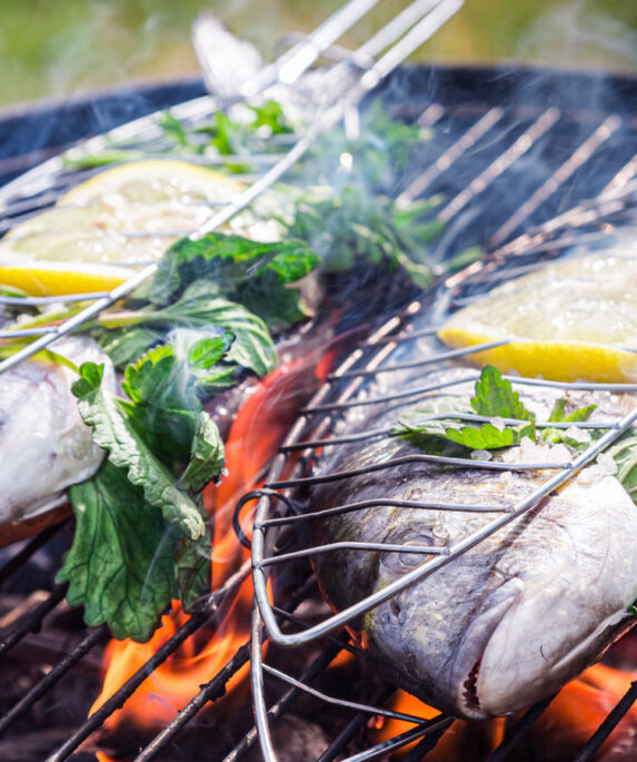 Gilthead bream on a barbecue. UK seafood BBQ.